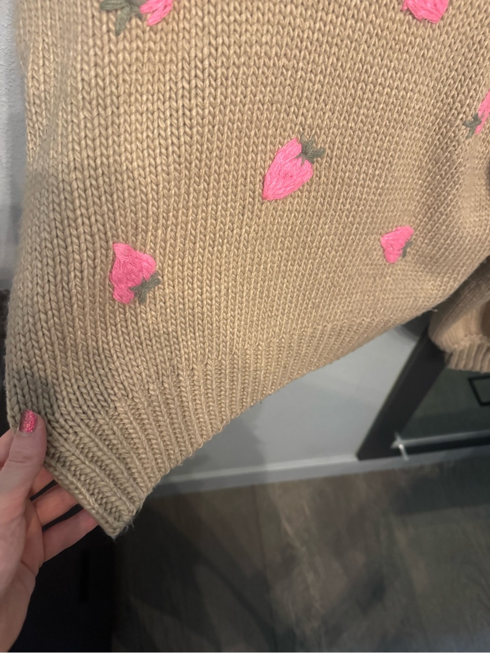 Forever 21 Chunky Tan Cardigan Sweater with Cute Pink Strawberry Embroidery 🍓 - Picture 12 of 14